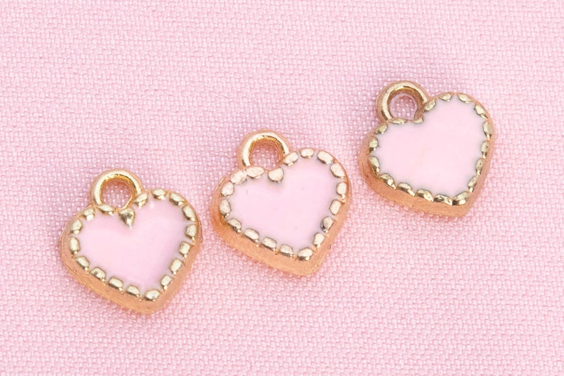 65571-3293 8x8x2MM Heart Charm Gold Tone With Pink Enamel 6 Pcs Bulk Lot Options