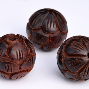2 Pcs 20MM Natural Red Sandalwood Handcrafted Beads Three Layer Lotus Flower Carved Round Bulk Lot Options (80178-608)