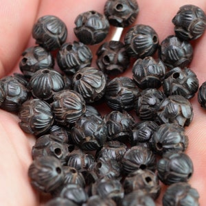 8 Pcs 8MM Natural Ebony Black Sandalwood Handcrafted Beads Three Layer Lotus Flower Carved Round Bulk Lot Options (80158-607) image 3