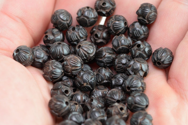 8 Pcs 8MM Natural Ebony Black Sandalwood Handcrafted Beads Three Layer Lotus Flower Carved Round Bulk Lot Options (80158-607) image 3