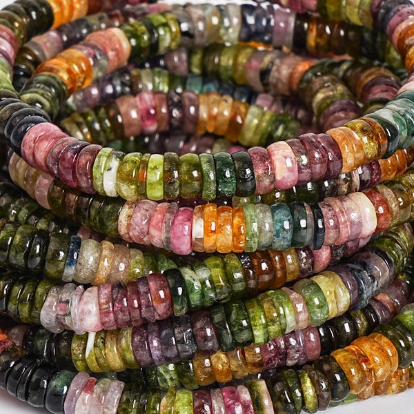 Pulsera de cuentas de turmalina multicolor de 18 cm (4 mm, 5 mm y 6 mm) con auténticas cuentas de piedras preciosas redondas naturales.