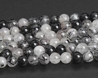Black Rutilated Quartz Beads Genuine Natural Gemstone Round Loose Beads 4MM 6MM 8MM 10MM 12MM  Bulk Lot Options