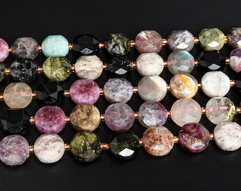 Multicolor Tourmaline Beads Grade AAA 8MM 10MM Genuine Natural Gemstone Faceted Coin Loose Beads 15"/7.5" Bulk Lot Options