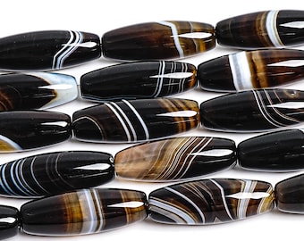 29X9MM Dark Brown Agate Beads Grade AA Genuine Natural Gemstone Full Strand Rice Barrel Loose Beads 15" Bulk Lot Options (127467-1183)