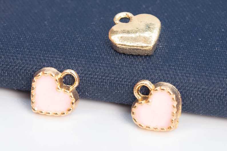 65571-3293 8x8x2MM Heart Charm Gold Tone With Pink Enamel 6 Pcs Bulk Lot Options