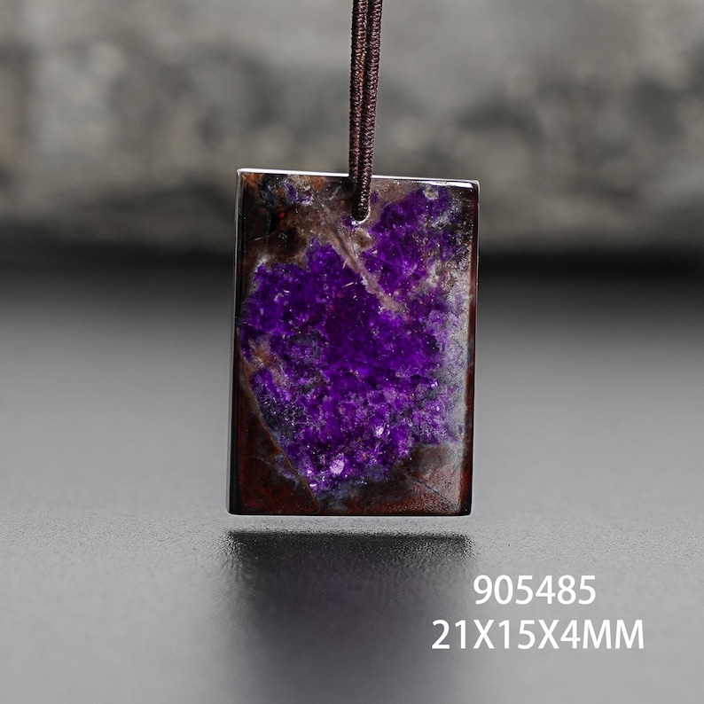 Op de afbeelding: Rechthoekige hanger met een levendig paars midden en een donkerbruine rand, opgehangen aan een bruin koord. De hanger meet 21mm x 15mm x 4mm. De tekst "905485" is zichtbaar.