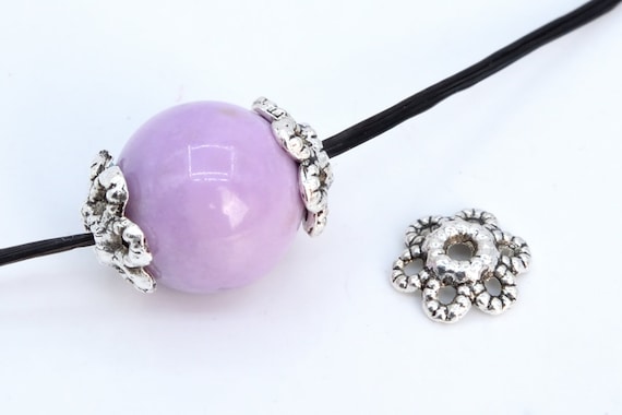 Perlin - 80 tappi di perle da 10 mm, tibetano, argento antico, motivo floreale, in ottone e metallo