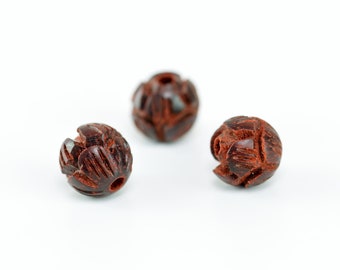 8 Pcs 8MM Natural Lobular Red Sandalwood Handcrafted Beads Two Layer Lotus Flower Carved Round Bulk Lot Options (80164-608)