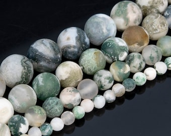 Matte Green & White Moss Agate Beads Grade AB Genuine Natural Gemstone Round Loose Beads 4MM 6MM 8MM 10MM Bulk Lot Options