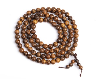 8MM Fragrant Tiger Skin Sandalwood Mala Beads 108 Pcs Natural Wood Round Beads 35" Bulk Lot Options (80055-560)