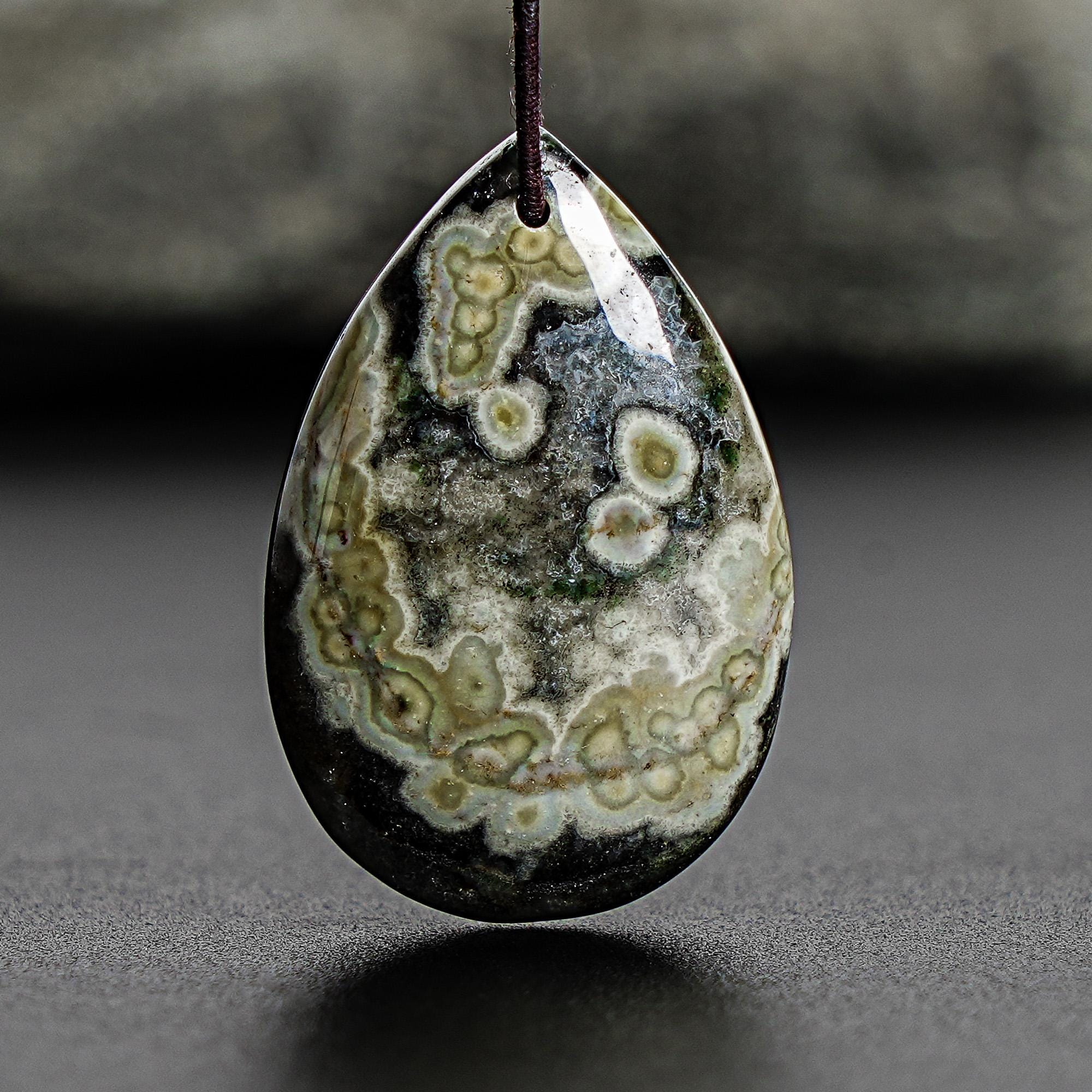Unique Natural Ocean Jasper Pendant Grade AAAAA 32X21X7MM Gray Green Pendant Teardrop Pendant Gemstone Pendant Only One(900557)