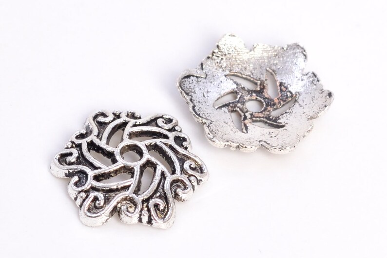 12x2MM Floral Bead Cap Antique Silver Tone Zinc Alloy 30 Pcs Bulk Lot Options 62986-2344