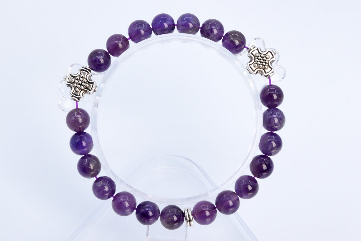 Natural Amethyst Crystal Jewelry Set – 8mm Round Bead Necklace + Bracelet + Earrings (AAA Quality, Gold Plated)