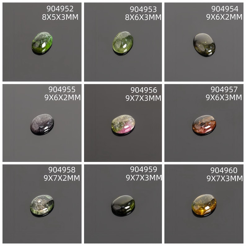 May include: Nine oval-shaped gemstones in various colors, including green, black, and brown. Each stone is displayed on a dark surface with a white label indicating its dimensions in millimeters. The gemstones vary in size, with the largest measuring 9x7x3mm.