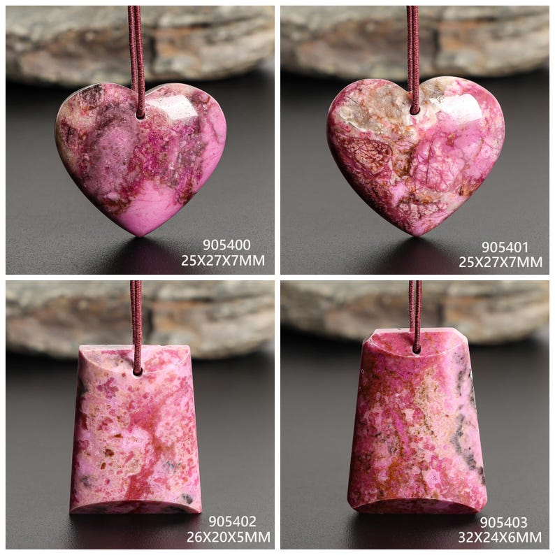 May include: Four pink gemstone pendants with varying shapes. Two are heart-shaped, and two are rectangular. Each pendant is attached to a maroon cord. The pendants have a marbled appearance with pink and brown hues. The dimensions are listed on each pendant.