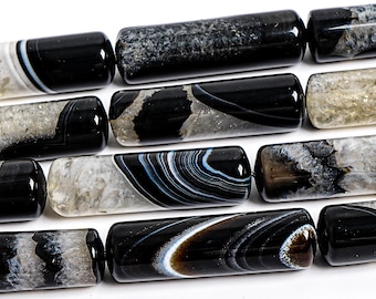 40X12MM Black White Agate Beads Grade AA Genuine Natural Gemstone Full Strand Cylinder Loose Beads 15" Bulk Lot Options (127459-1615)