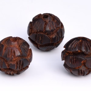 4 Pcs 10MM Natural Red Sandalwood Handcrafted Beads Three Layer Lotus Flower Carved Round Bulk Lot Options (80160-608)