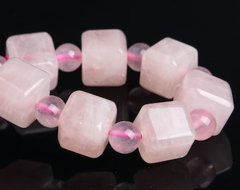 9MM Madagascar Rose Quartz Beads Bracelet Grade AA Genuine Natural Beveled Edge Faceted Cube Gemstone 7" (119334h-2632)