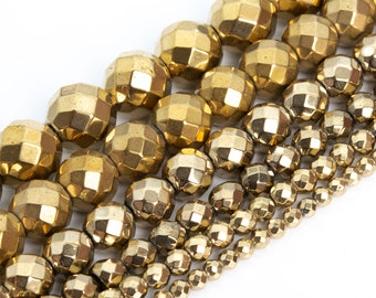 Champagne Gold Hematite Beads Grade AAA Gemstone Faceted Round Loose Beads 2MM 4MM 6MM 8MM Bulk Lot Options