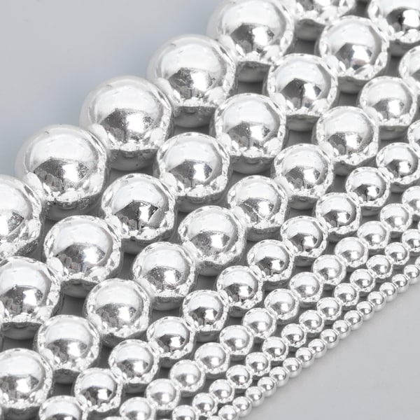 18k White Gold Tone Hematite Beads Grade AAA Gemstone Round Loose Beads 2MM 4MM 6MM 8MM 10MM 12MM Bulk Lot Options