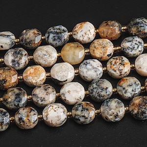 May include: A strand of brown, white, and gray agate gemstone beads with gold accents. The beads are faceted and have a natural, organic look.
