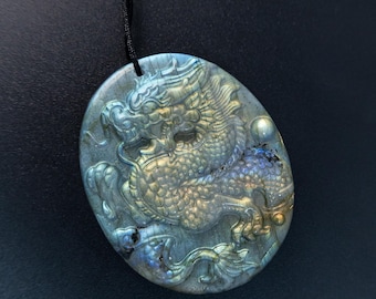 Genuine Natural Blue/Rainbow Flash Labradorite Powerful Chinese Dragon Pendant Grade AA Gemstone Labradorite Pendant