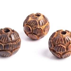 4 Pcs 14-15MM Natural Red Sandalwood Handcrafted Beads Three Layer Lotus Flower Carved Round Bulk Lot Options (80174-608)