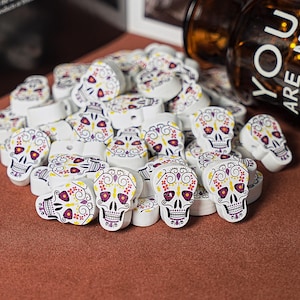Halloween Beads-Funny Skull Wooden Beads 5 Pcs 25X18MM Flat bead Loose Beads Bulk Lot Options(80327-4237)
