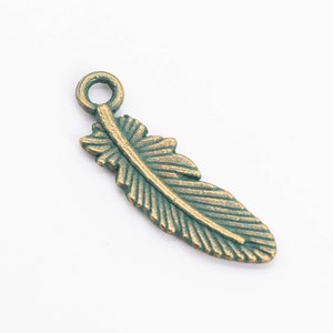 23x7MM Feather Charm Double Side Green Patina Tone Zinc Alloy Metal Charm 10 Pcs Bulk Lot Options (110305-1574)