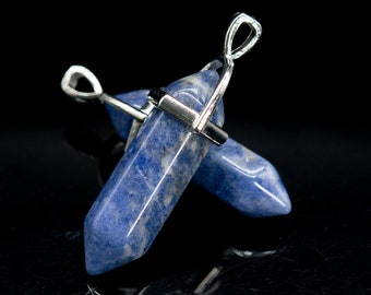 2 Pcs - 39x8MM Sodalite Beads Healing Hexagonal Pointed Pendant Natural Grade A Silver Plated Cap Bulk Lot Options (111102-3320)