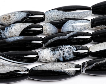 40X14MM Black White Agate Beads Grade AA Genuine Natural Gemstone Full Strand Rice Barrel Loose Beads 15" Bulk Lot Options (127458-1615)