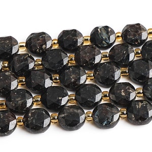 8MM Black Arfvedsonite Beads Grade AA Genuine Natural Gemstone Faceted Coin Loose Beads 15&quot;/7.5&quot; Bulk Lot Options
