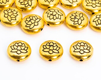 14MM Antique Gold Tone Spacer Beads Lotus Round 5 Pcs Bulk Lot Options (63612-2423)