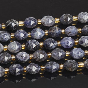 May include: A strand of faceted blue gemstone beads with gold spacers. The beads are arranged in a repeating pattern and are strung on a clear thread.