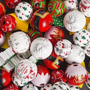 Christmas Beads 5 Pcs Christmas Wooden Beads Xmas Beads Round Loose Beads