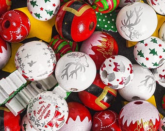 Christmas Beads 5 Pcs Christmas Wooden Beads Xmas Beads Round Loose Beads