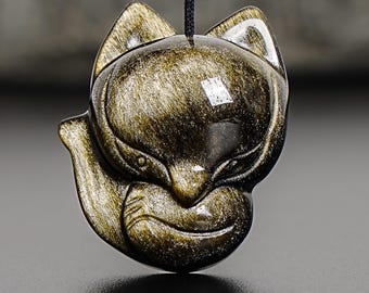 Genuine Natural Golden Obsidian Cute Fox Pendant Grade AAA Gemstone Obsidian Pendant