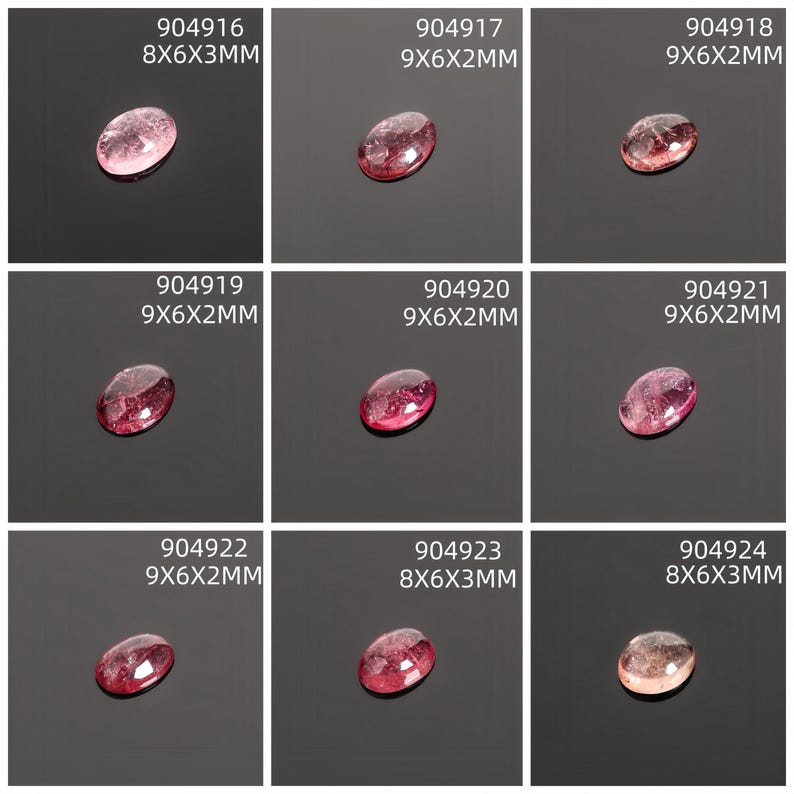 May include: Nine oval-shaped gemstones in shades of pink and red are displayed against a dark background. Each gem has a unique color variation and is labeled with a product code and dimensions in millimeters. The gemstones are likely for jewelry making.