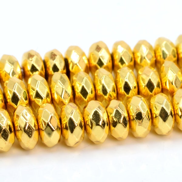 5-6x3MM 18k Gold Tone Hematite Beads Grade AAA Natural Gemstone Faceted Rondelle Loose Beads 15.5" / 7.5" Bulk Lot Options (106953)