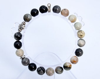 Pulsera de cuentas de jaspe Picasso gris de 8 mm, grado AAA, gema redonda natural genuina de 6" con dije de cruz. Lote a granel de 1, 3, 5, 10 y 50 (106803h-076).