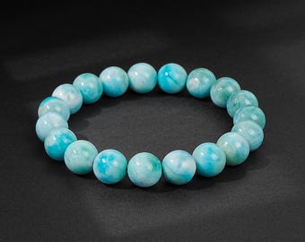 8/9/10 mm mm Dominikaner Larimar Armband | Premium Ocean Teal mit trüber weißer Ader Natürliches Edelstein Geschenk für Frauen