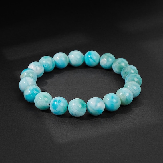 8/9/10mm Dominican Larimar Bracelet | Premium Ocean Teal With Cloudy White Vein Natural Gemstone Gift for Women