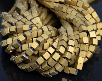 6MM Matte Gold Hematite Beads Cube Grade AAA Natural Gemstone Half Strand Loose Beads 8" BULK LOT 1,3,5,10 and 50 (104559h-1239)