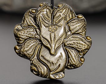 Genuine Natural Golden Obsidian Mystical Nine-Tailed Fox Pendant Grade AAA Gemstone Obsidian Pendant