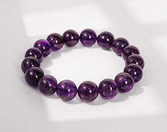 11/12mm Deep Rich Purple Amethyst Beaded Bracelet | Premium Natural Healing Spiritual Jewelry Gift for Women & Men