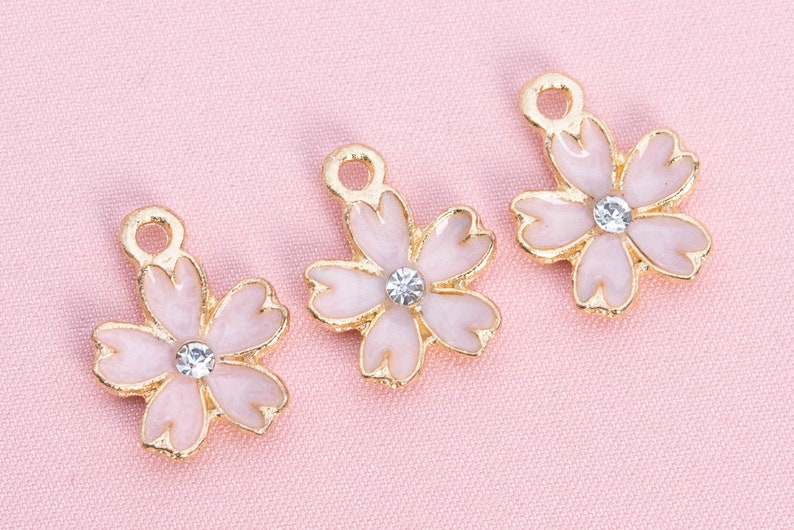 16x13x1mm Cherry Blossoms Charm Gold Tone With Pink Enamel 6 - Etsy