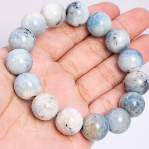 ONLY ONE 14-15MM Faint Gray Blue Aquamarine Biotite Inclusion Bead Bracelet Brazil Grade AB Genuine Natural Round Gemstone 9&quot; (113953h-3757)