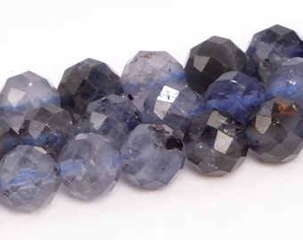 May include: A strand of faceted blue gemstone beads. The beads are a dark blue color with a slight shimmer. They are strung on a clear thread.