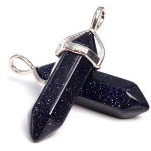 2 Pcs - 39x8MM Night Sky Blue Goldstone Beads Hexagonal Pointed Pendant Grade AAA Silver Plated Cap Bulk Lot 1,3,5,10 and 50 (102504-534)