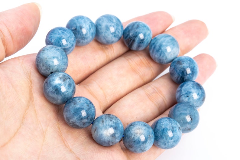 113829h-3749 15-16MM Genuine Brazilian Aquamarine Biotite Inclusion Beads Bracelet Devil Blue Grade AA Natural Round Gemstone 8